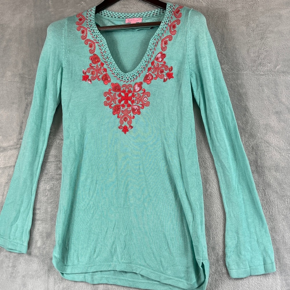 Lilly Pulitzer Womens Small V Neck Embroidered Long Sleeve Sweater Green Preppy